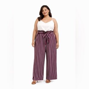 Belle & Tweed Burgundy & Cream Striped Wide-Leg Jumpsuit XL — Spaghetti Straps